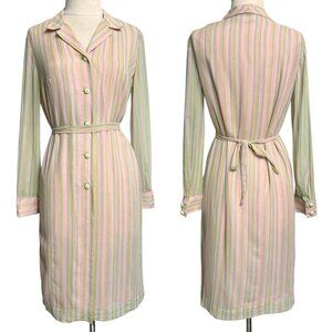 70s vintage stripe shirt shift dress pastel midi relaxed buttonup collar sheer.